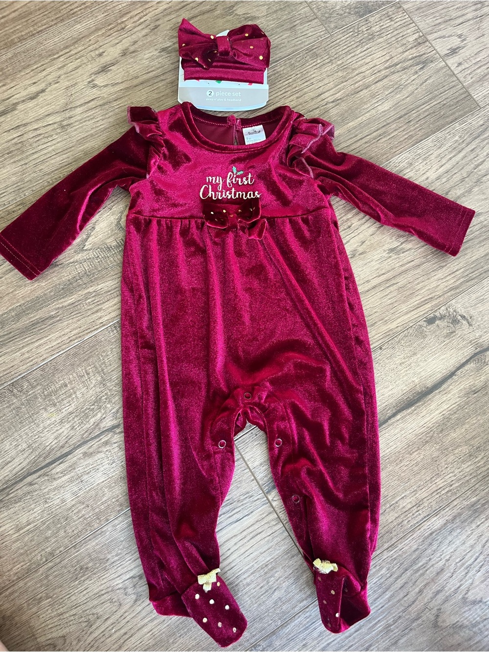 Baby Velvet 'My First Christmas' Footed Romper with Bow - Burgundy